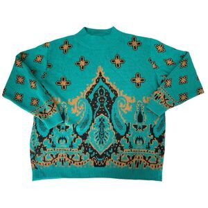 VTG 90s Sweater Women M Teal Black Mock Neck Classy Glam Glamma Grandma Mom Boho